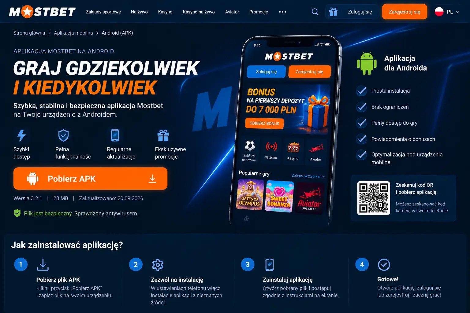 Strona pobierania aplikacji Mostbet APK – przycisk pobierania i instrukcja instalacji