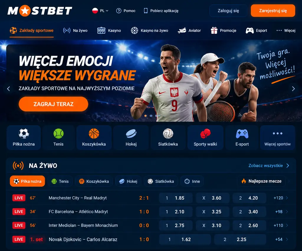 Lobby gier Mostbet – widok kategorii Sloty, Live Casino, Gry Stołowe, Crash Games
