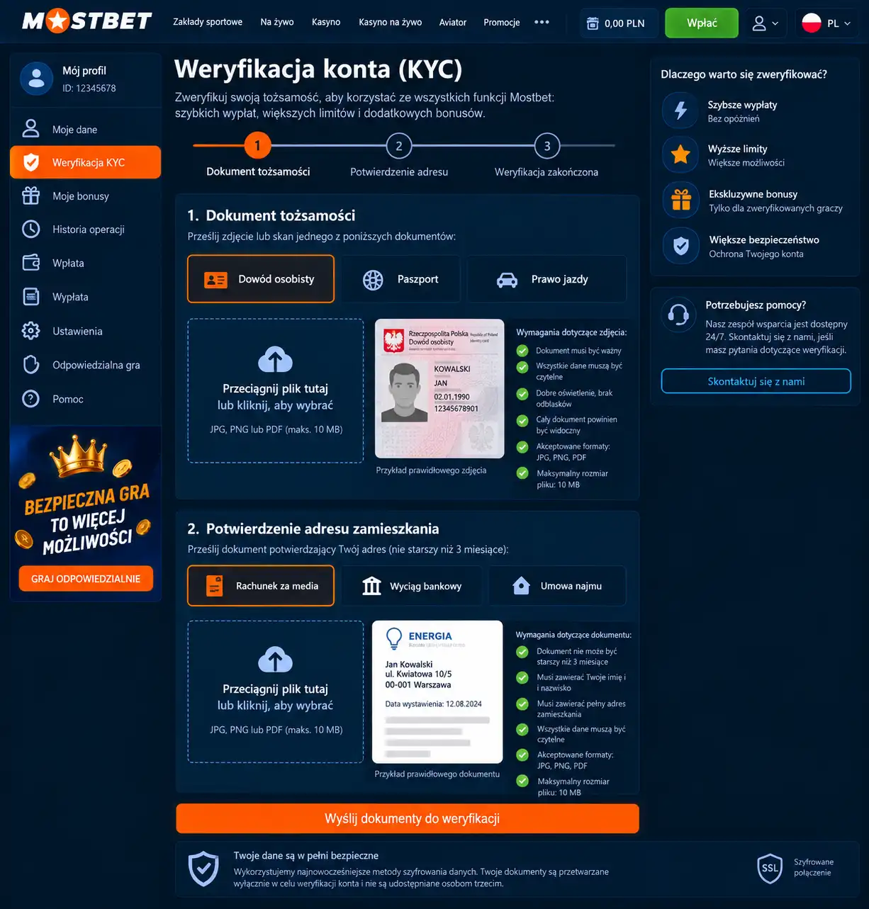 Strona weryfikacji KYC w Mostbet – formularz przesyłania dokumentów tożsamości