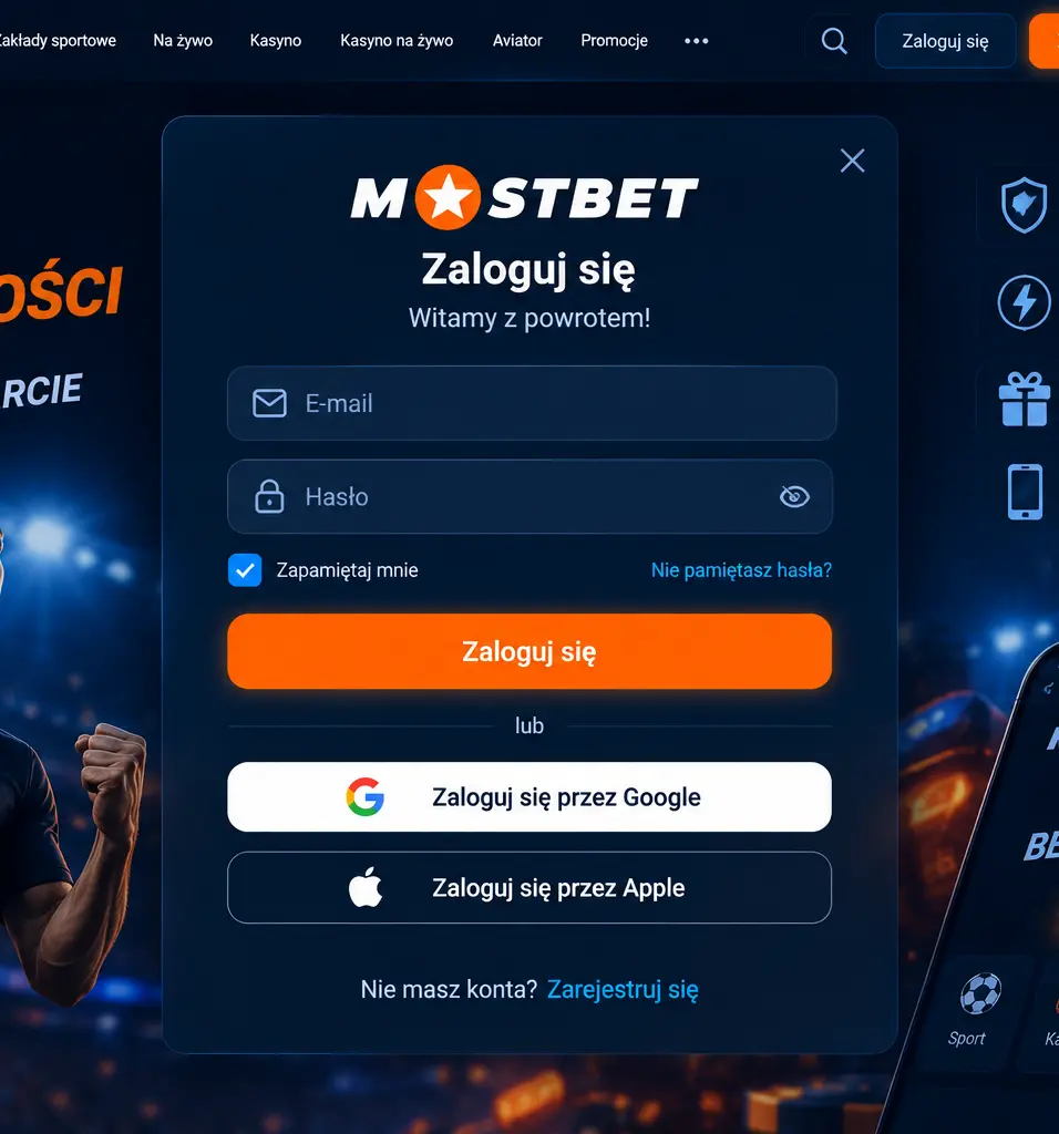 Formularz logowania Mostbet – wersja polska, pole na e-mail i hasło