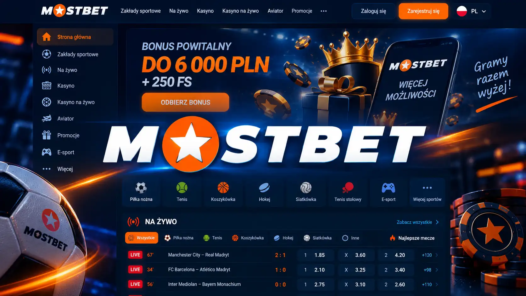 Logo Mostbet Casino na tle interfejsu strony głównej – wersja polska