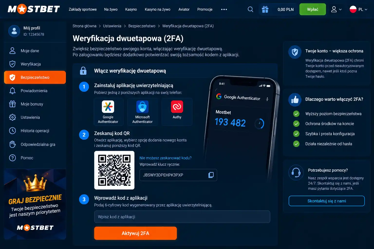Ustawienia bezpieczeństwa konta Mostbet – weryfikacja dwuetapowa 2FA